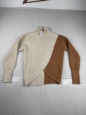 New! Express Cream & Tan Cropped Crossover Color Block Ribbed Sweater XS Preppy